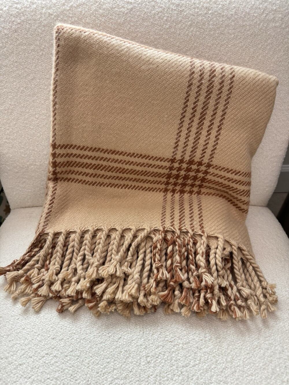 Hearth & Hand Throw Blanket Wool Blend Tan Plaid Classic Reversible 50x60”